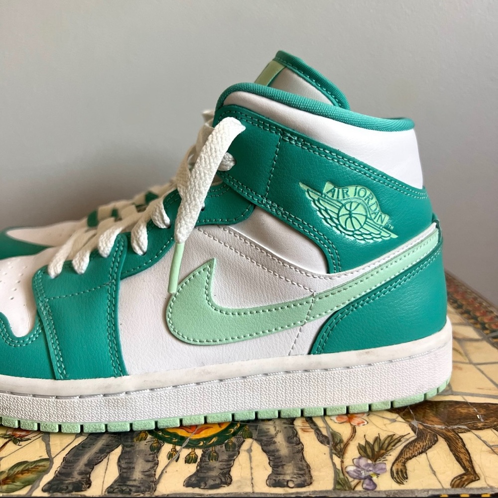 Nike Air Jordan 1 Mid Teal and White Sneakers - Picture 3 of 16